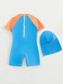 Baby Boy Cartoon Graphic One Piece Swimsuit With Swim Cap - Multicolor - View 2