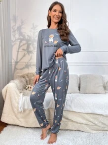 卡通及字母图案睡衣套装 / 睡衣套装 - 霧霾藍 - 查看 5