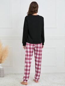 Heart Print Top & Plaid Print Pants PJ Set / Pajama Set, Fall Clothes Cozy And Elegant Details, Winter - Multicolor - View 2