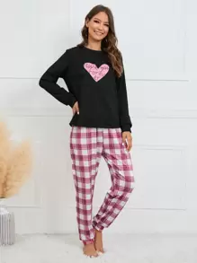 Heart Print Top & Plaid Print Pants PJ Set / Pajama Set, Fall Clothes Cozy And Elegant Details, Winter - Multicolor - View 3