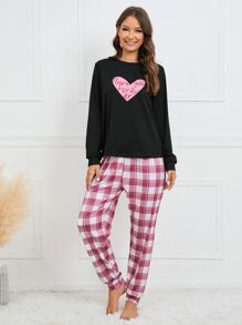 Heart Print Top & Plaid Print Pants PJ Set / Pajama Set, Fall Clothes Cozy And Elegant Details, Winter - Multicolor - View 5