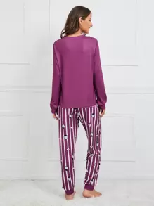 Strawberry And Heart Print Top & Striped Pants PJ Set / Pajama Set Holiday Season, Fall Winter Clothes - Purple - View 2