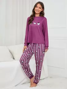 Strawberry And Heart Print Top & Striped Pants PJ Set / Pajama Set Holiday Season, Fall Winter Clothes - Purple - View 4