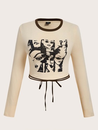 Camiseta corta con estampado de figura con tira cruzada con cordón trasero unido en contraste