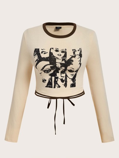 Crop T-Shirt mit Figur Grafik, Kreuzgurt, Band hinten, Kontrastsaum