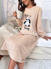 Panda & Letter Embroidery Flannel Fluffy Pajama Night Long Dress, Fall Winter - Apricot - View 1