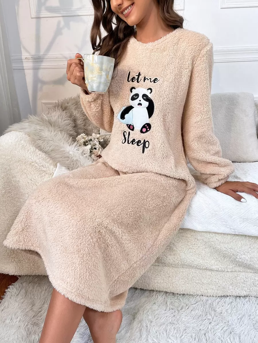 Panda & Letter Embroidery Flannel Fluffy Pajama Night Long Dress, Fall Winter - Apricot - View 1