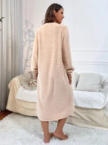 Panda & Letter Embroidery Flannel Fluffy Pajama Night Long Dress, Fall Winter - Apricot - View 2
