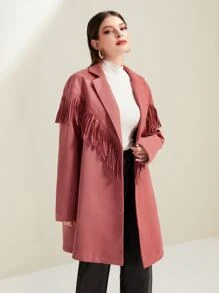 Mulvari Fringe Trim Lapel Neck Overcoat - Redwood - View 4