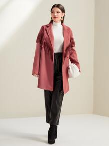 Mulvari Fringe Trim Lapel Neck Overcoat - Redwood - View 5