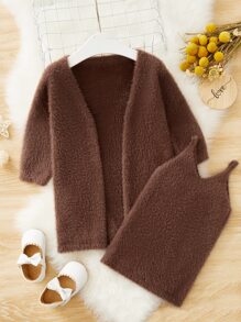 Baby Fuzzy Knit Duster Cardigan & Cami Jumper Dress - Brown - View 1