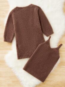 Baby Fuzzy Knit Duster Cardigan & Cami Jumper Dress - Brown - View 2
