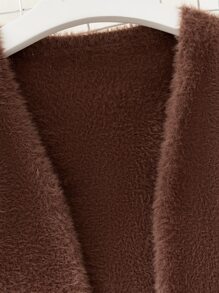 Baby Fuzzy Knit Duster Cardigan & Cami Jumper Dress - Brown - View 4