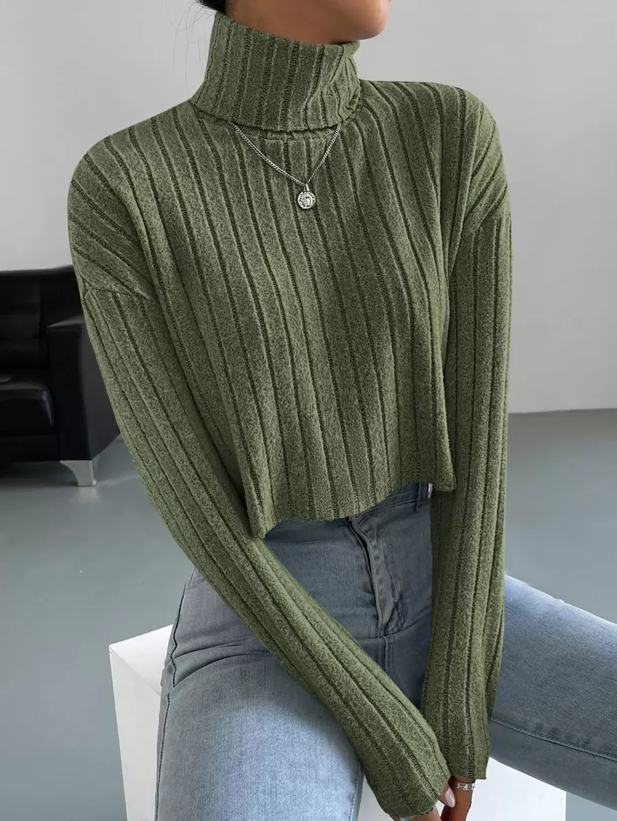 SHEIN Essnce High Neck Drop Shoulder Ribbed Knit Tee - Army Green - View 1