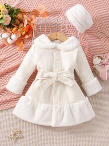 Bebé cuello de borreguito bajo con fruncido con cinturón Abrigo & Sombrero - Blanco - Ver 1