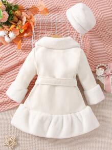 Bebé cuello de borreguito bajo con fruncido con cinturón Abrigo & Sombrero - Blanco - Ver 2