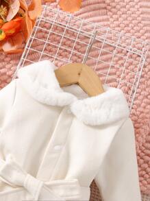 Bebé cuello de borreguito bajo con fruncido con cinturón Abrigo & Sombrero - Blanco - Ver 3