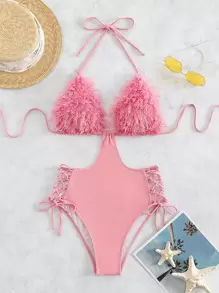 SHEIN Swim 毛茸邊側邊綁帶後背繫帶吊脖連體泳衣 - 粉色 - 查看 3