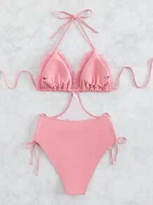 SHEIN Swim 毛茸邊側邊綁帶後背繫帶吊脖連體泳衣 - 粉色 - 查看 5