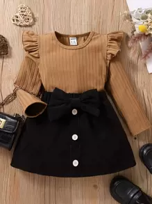 SHEIN Elladie kids Baby Girl Ruffle Trim Tee & Bow Front Skirt - Multicolor - View 1