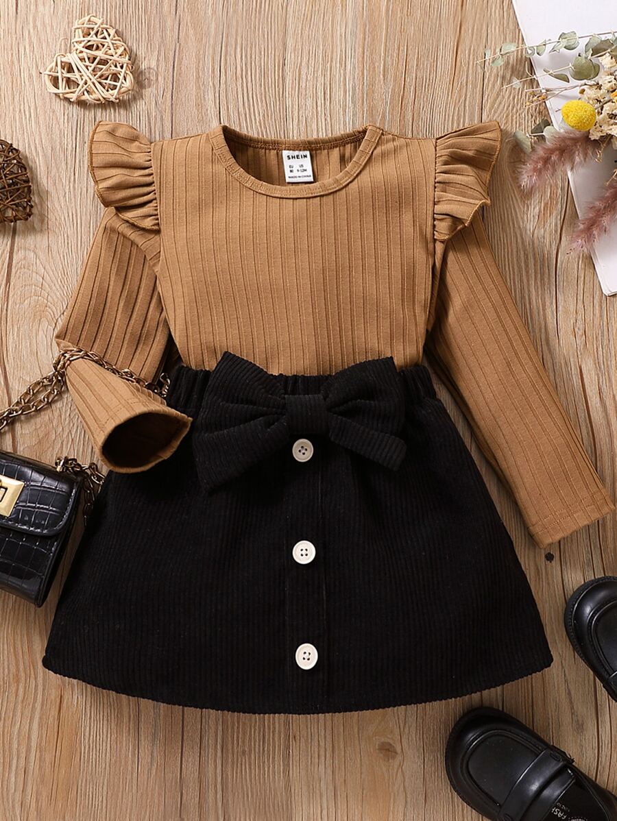 SHEIN Elladie kids Baby Girl Ruffle Trim Tee & Bow Front Skirt - Multicolor - View 1