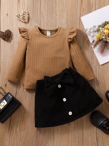 SHEIN Elladie kids Baby Girl Ruffle Trim Tee & Bow Front Skirt - Multicolor - View 3