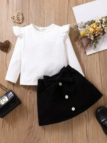 SHEIN Đứa bé gái Viền Ruffle Áo thun & Nơ mặt trước Váy - Đen và trắng - Xem 6