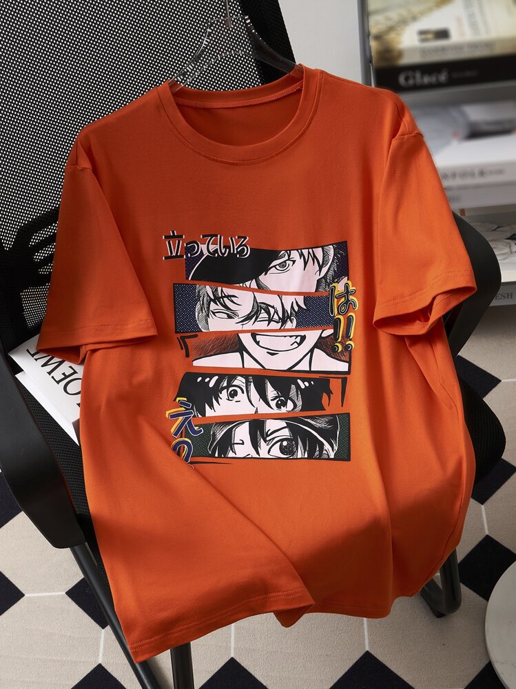 Manfinity Roghcode Men T-Shirts Fit Crew Neck Short Sleeve Graphic Tee Japanese Fashion Skater Summer Knit Top - Orange - View 1
