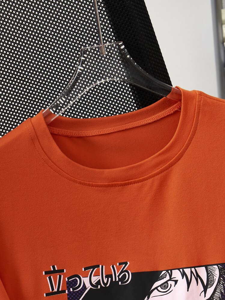 Manfinity Roghcode Men T-Shirts Fit Crew Neck Short Sleeve Graphic Tee Japanese Fashion Skater Summer Knit Top - Orange - View 5