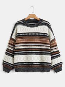 ROMWE Fairycore 条纹落肩毛衣、长袖上衣 - 彩色 - 查看 1