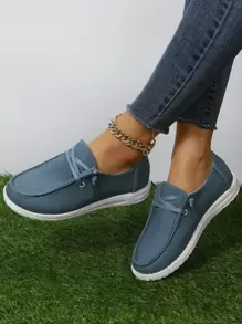 Lace-up Front Canvas Shoes - Blue - View 1