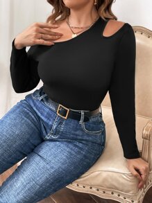 大碼不對稱領鏤空T恤 - 黑色 - 查看 5