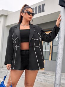 SHEIN BAE Plus Studded Detail Single Breasted Blazer - Black - View 1