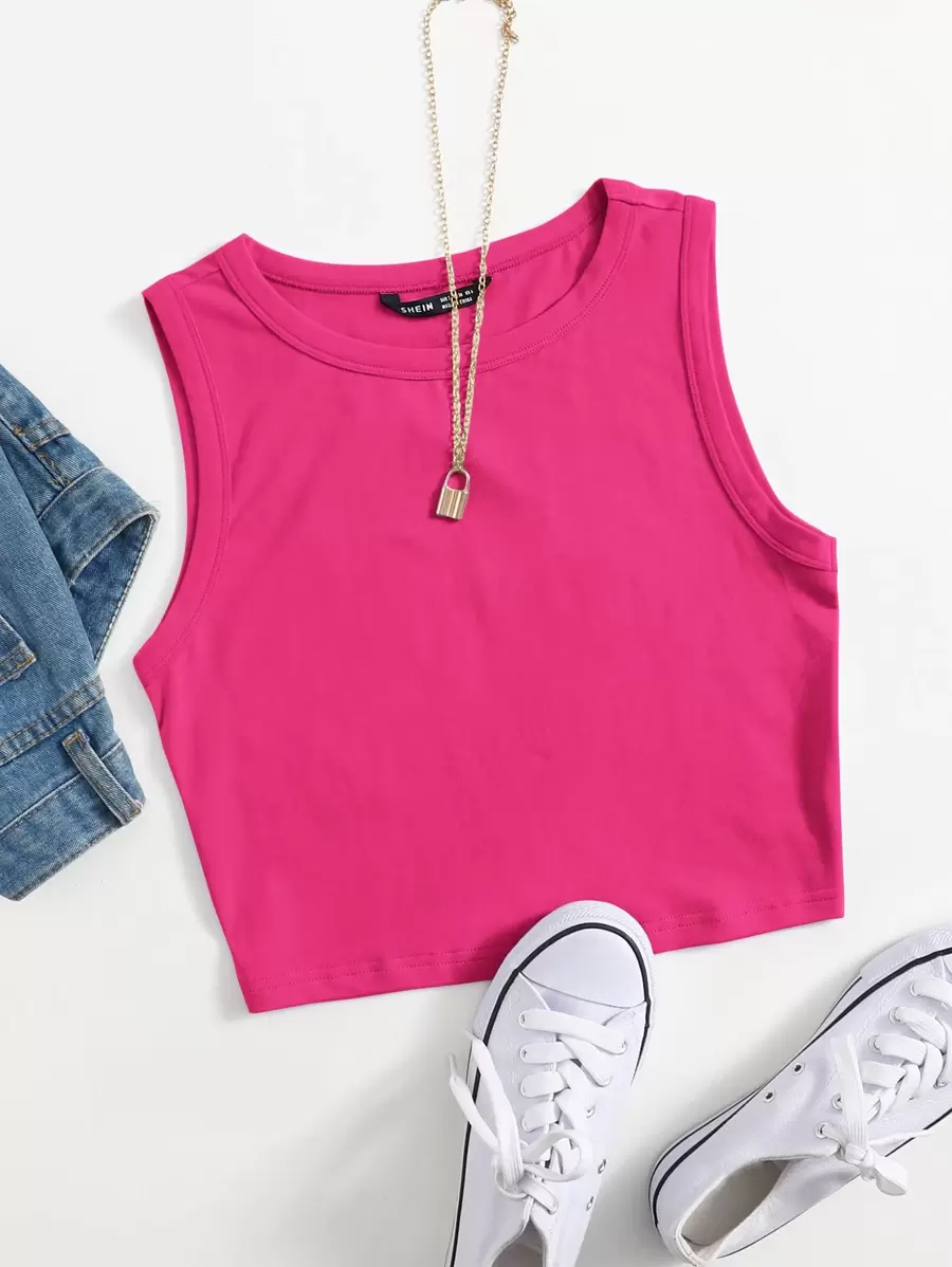 SHEIN EZwear Solid Crop Summer Outfits Pink Tank Top - Hot Pink - View 1