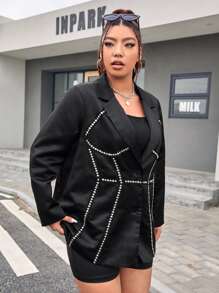 SHEIN BAE Plus Studded Detail Single Breasted Blazer - Black - View 3