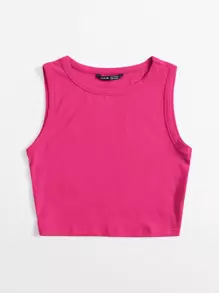 SHEIN EZwear Solid Crop Summer Outfits Pink Tank Top - Hot Pink - View 5