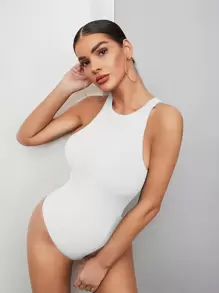 SHEIN BAE Solid Tank Bodysuit - White - View 3