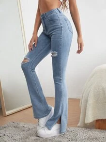 EURMUSE High Waist Ripped Slit Hem Flare Leg Jeans - Light Wash - View 3