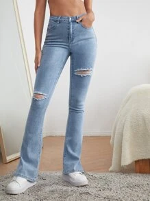 EURMUSE High Waist Ripped Slit Hem Flare Leg Jeans - Light Wash - View 4
