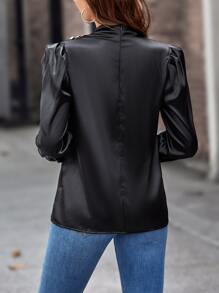 SHEIN Privé Mock Neck Puff Sleeve Satin Blouse - Black - View 2