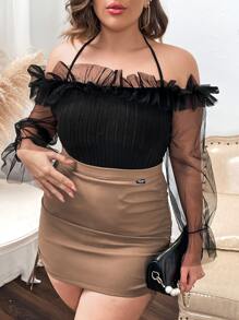 SHEIN Clasi Top de malla en contraste de manga con volante ribete con fruncido con cordón trasero - Negro - Ver 1