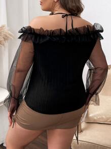 SHEIN Clasi Top de malla en contraste de manga con volante ribete con fruncido con cordón trasero - Negro - Ver 2