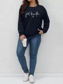 SHEIN Franclia Plus Letter Graphic Drop Shoulder Sweatshirt - Navy Blue - View 1