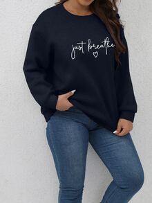 SHEIN Franclia Plus Letter Graphic Drop Shoulder Sweatshirt - Navy Blue - View 4