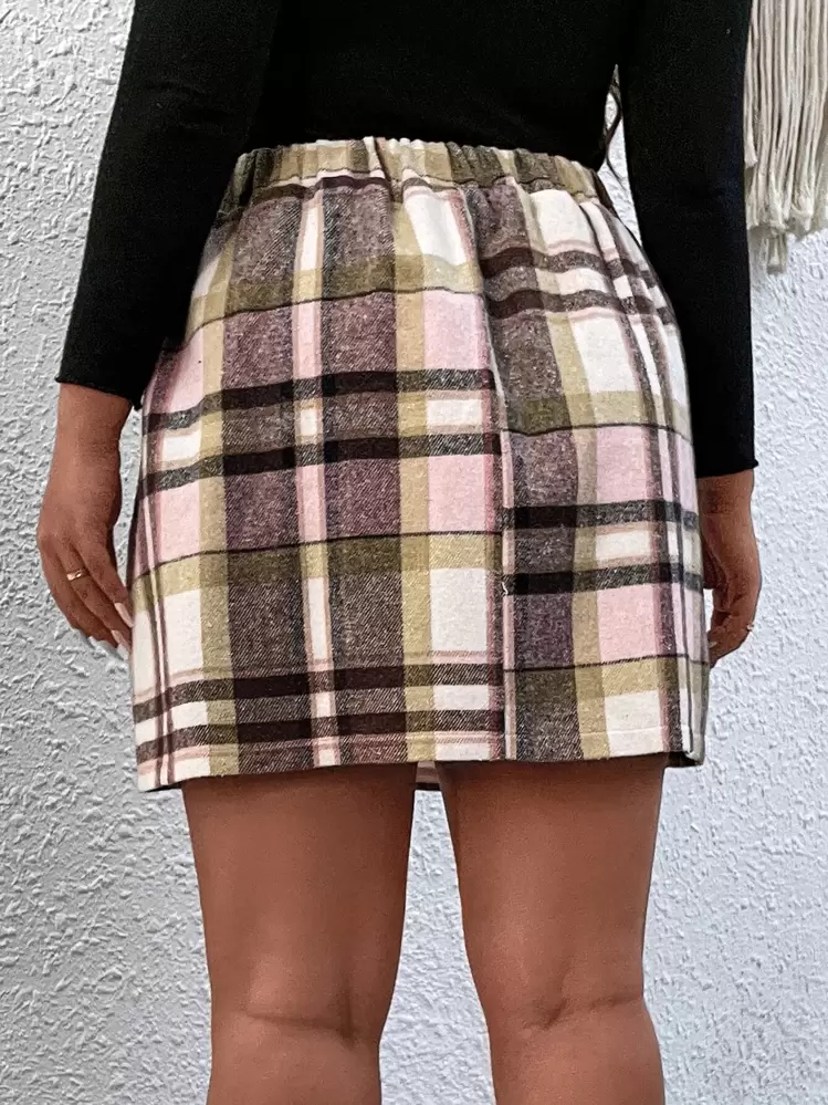 SHEIN LUNE Falda de línea A con estampado de cuadros - Rosa Pálido - Añade 2