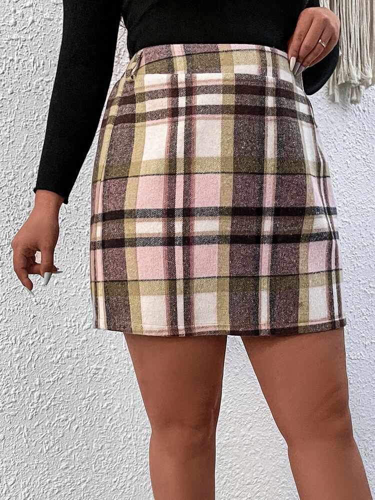 SHEIN LUNE Falda de línea A con estampado de cuadros - Rosa Pálido - Añade 4