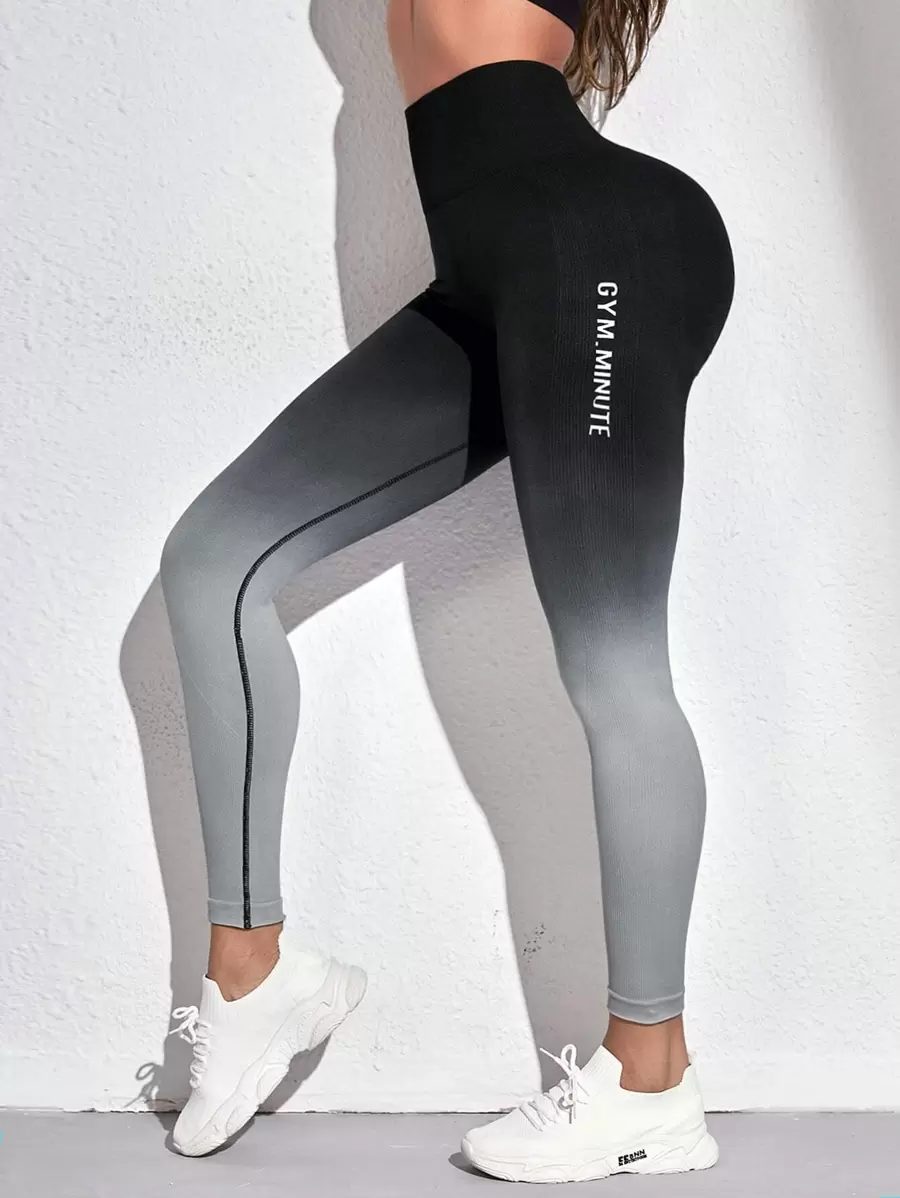 Easithlete 字母图案渐变色跑步紧身裤 无缝高弹力收腹运动紧身裤 健身紧身裤 瑜伽女裤