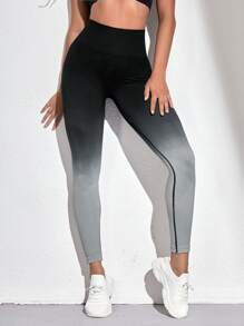 Easithlete 字母图案渐变色跑步紧身裤 无缝高弹力收腹运动紧身裤 健身紧身裤 瑜伽女裤