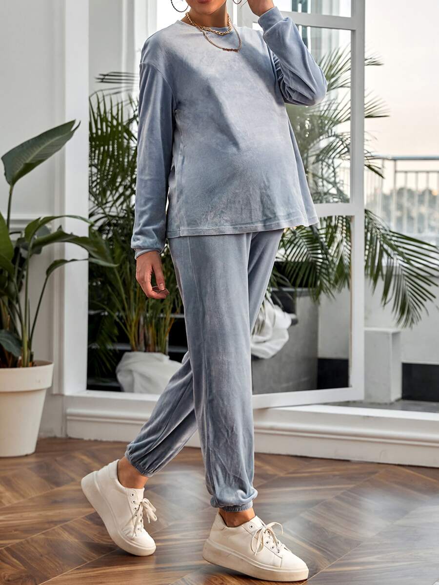 Bộ đồ hai mảnh Bà bầu màu trơn Giải trí - Màu xanh bụi bặm - Xem 1