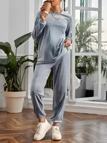 Bộ đồ hai mảnh Bà bầu màu trơn Giải trí - Màu xanh bụi bặm - Xem 4